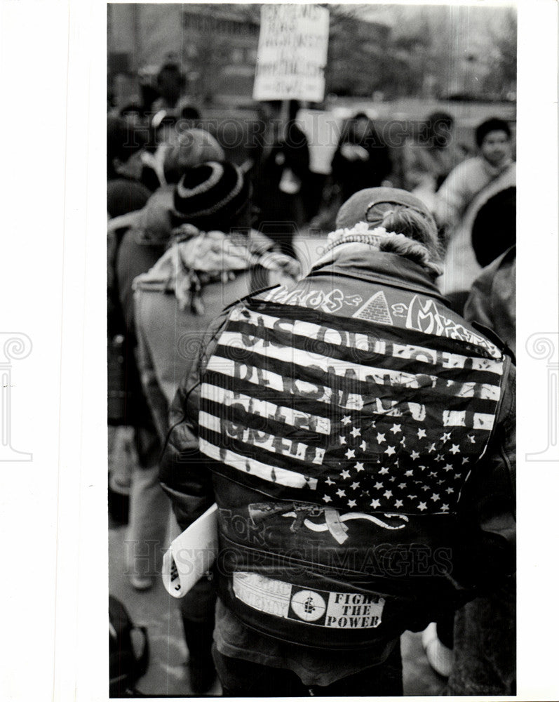 1991 Press Photo protester expresses jacket rally Wayne - Historic Images