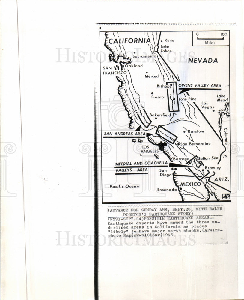 1965 Press Photo Earthquake Areas California Diagram - Historic Images