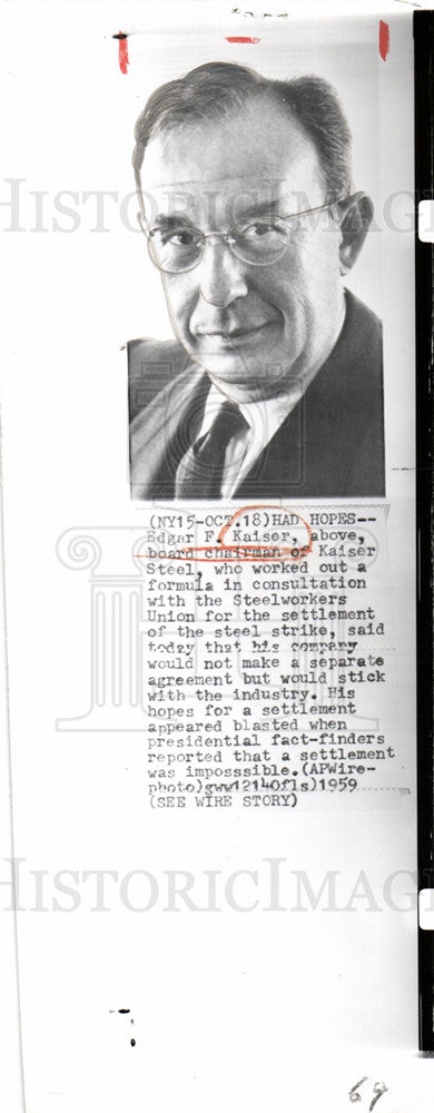1959 Press Photo Edgar Kaiser Steel Strike Settlement - Historic Images