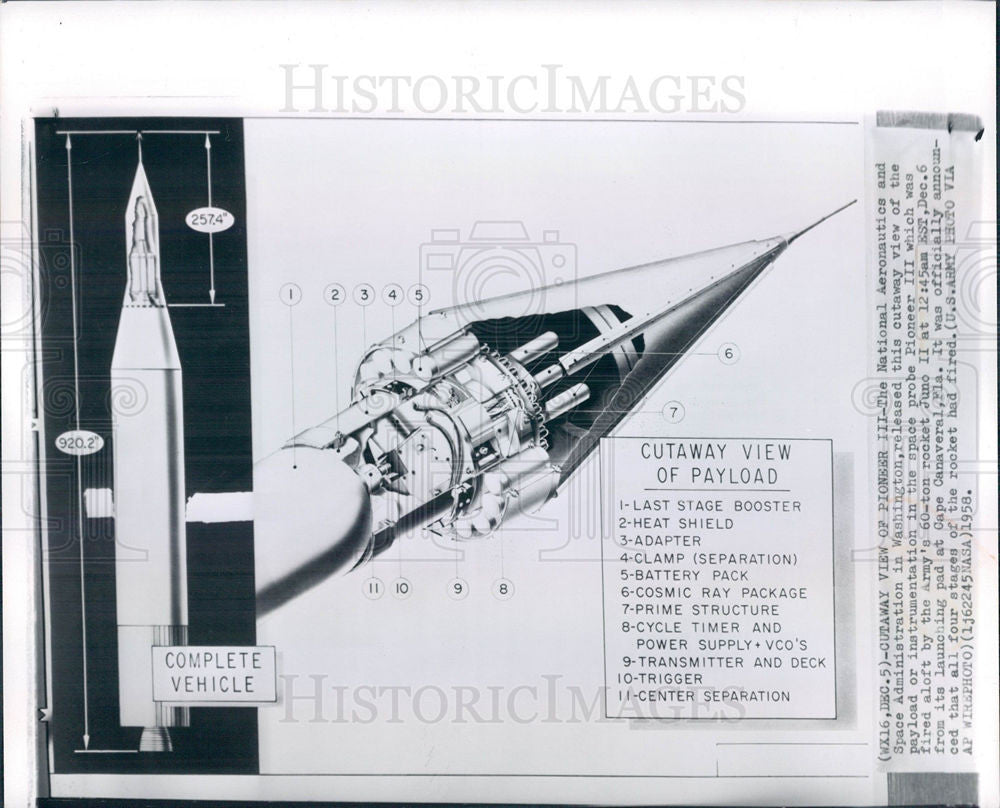 1958 Press Photo Pioneer III rocket cutaway Washington - Historic Images