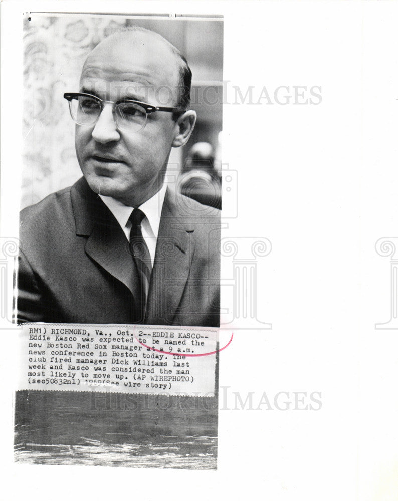 1969 Press Photo Eddie Kasco Boston Red Sox Manager - Historic Images