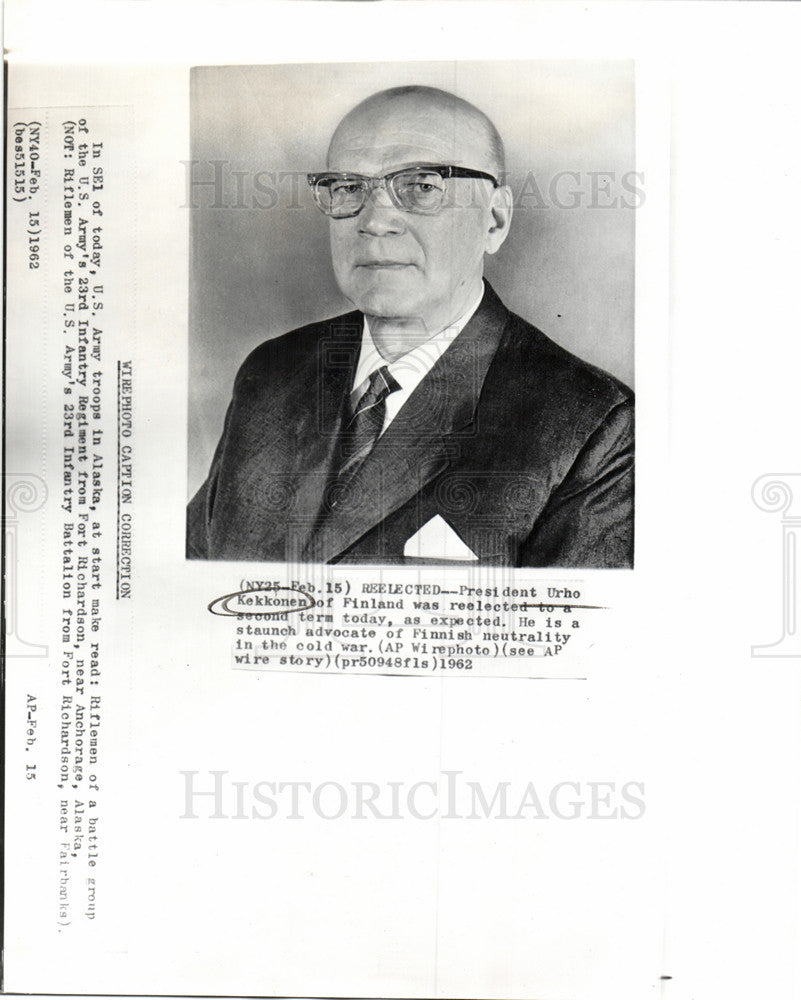 1962 Press Photo Urho Kekkonen Finnis President neutral - Historic Images