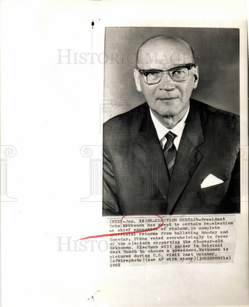 1962 Press Photo Urho Kekkonen President - Historic Images