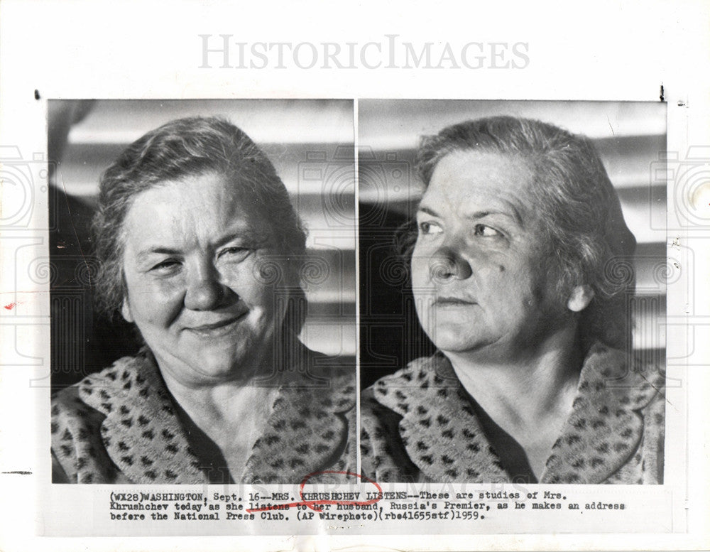 1959 Press Photo Mrs Khrushchev Listens - Historic Images