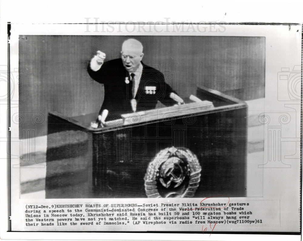 1961 Press Photo Nikita Khrushchev speech Trade Unions - Historic Images