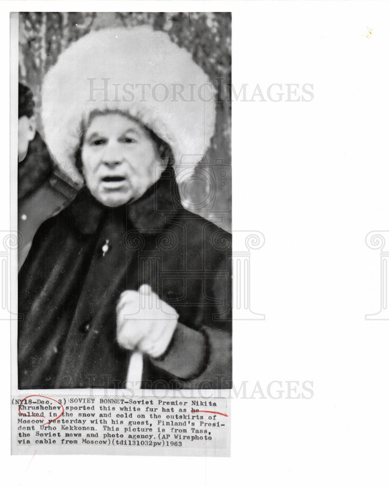 1963 Press Photo Nikita Krushchev white fur hat Moscow - Historic Images