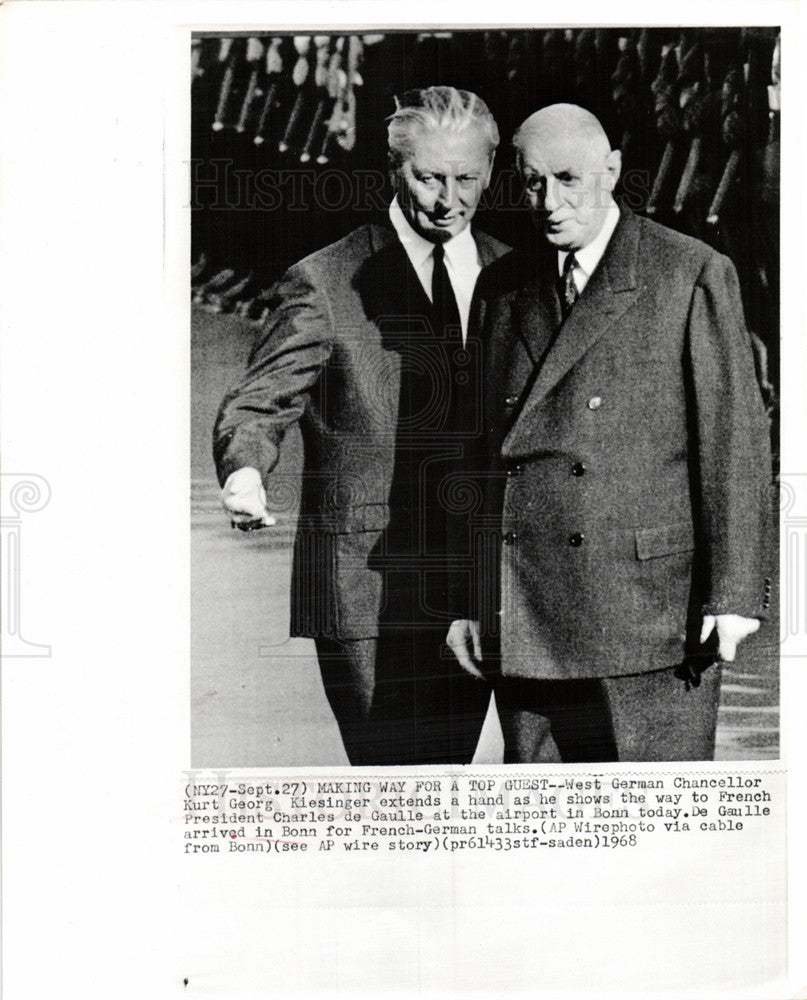 1968 Press Photo Kurt Kiesinger Charles de Gaulle Bonn - Historic Images