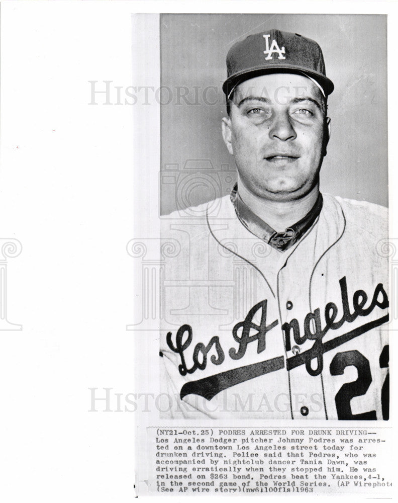 1963 Press Photo Johnny Podres Los Angeles Dodgers - Historic Images