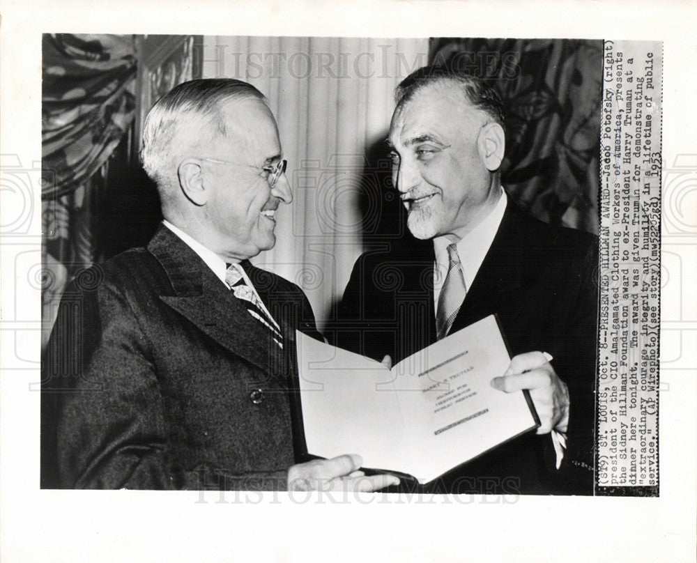 1953 Press Photo Harry Truman Hillman Award St.Louis - Historic Images