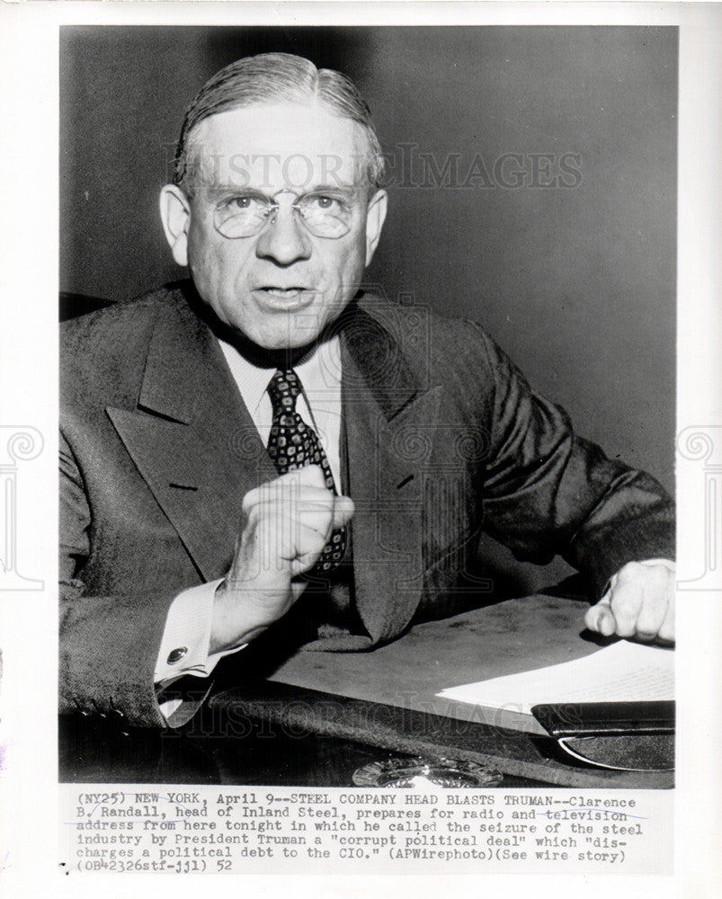 1952 Press Photo Clarence Randall Inland Steel CIO - Historic Images