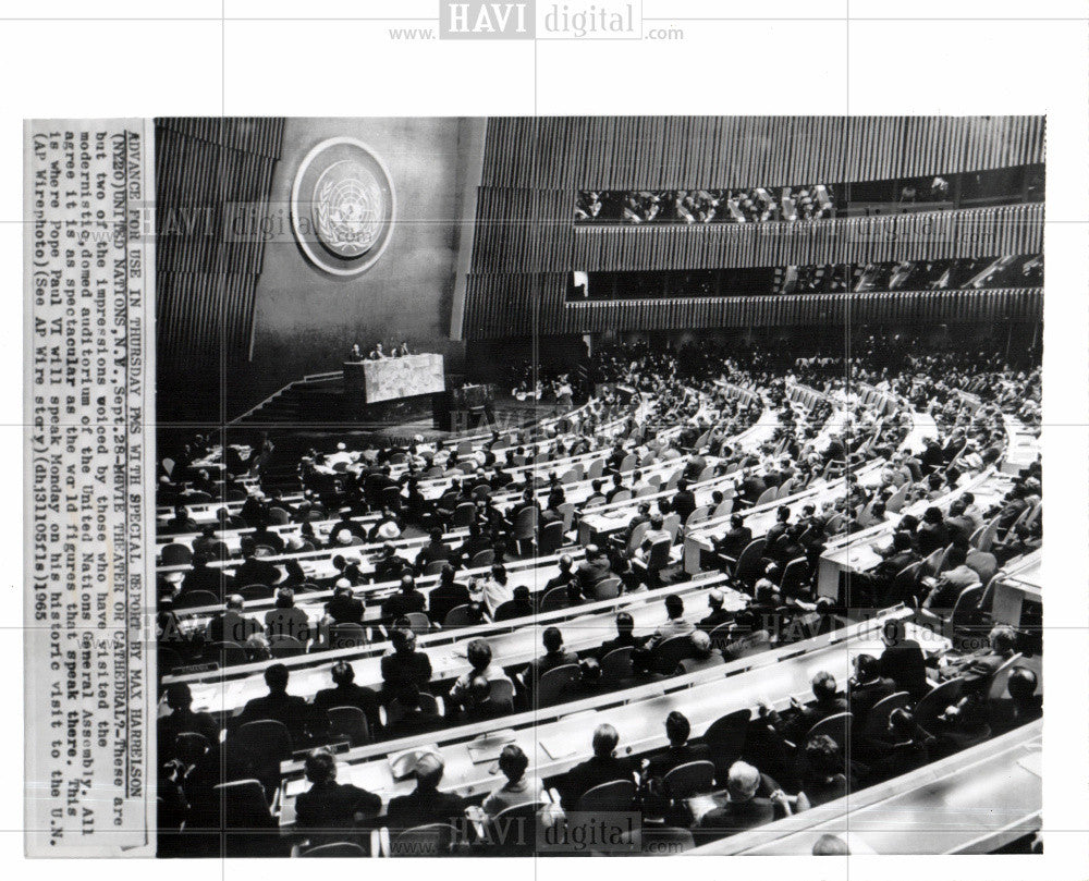 1965 Press Photo Pope Paul VI Speak Auditorium U.N. - Historic Images