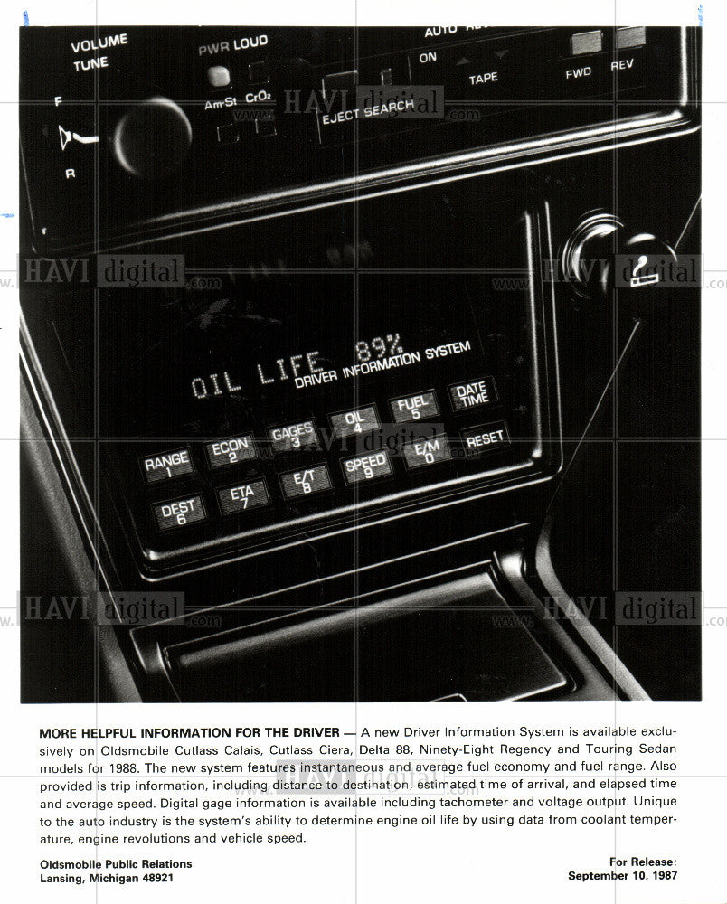 1987 Press Photo Automobile Dashboard - Historic Images