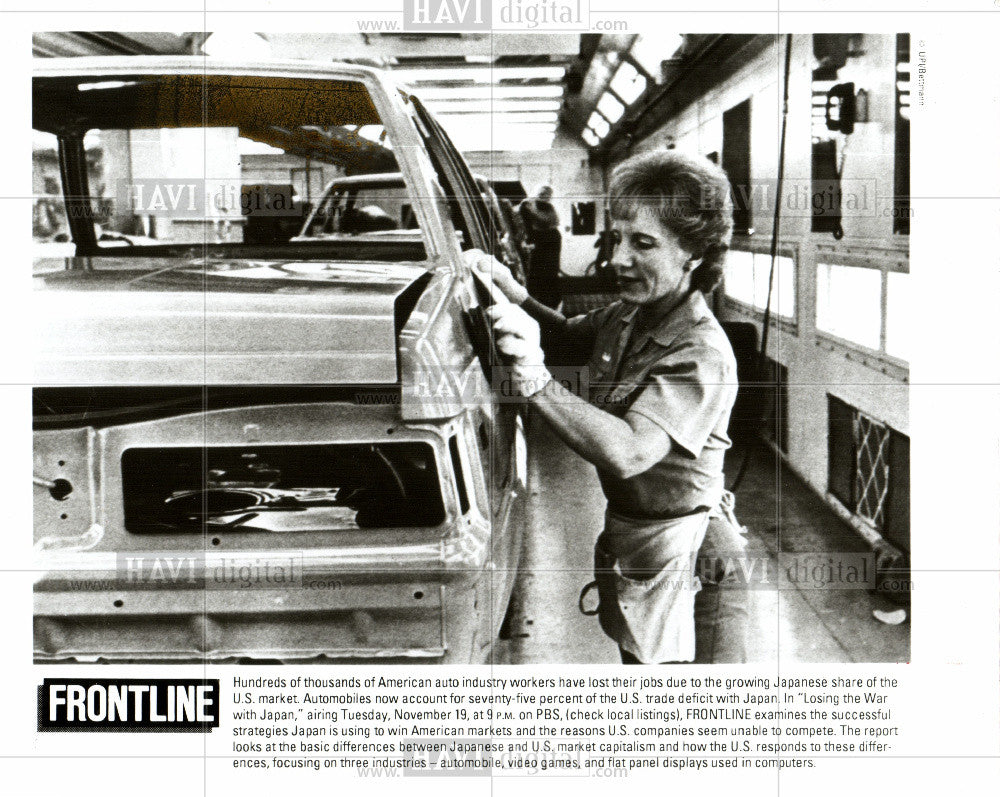 1991 Press Photo Woman assembles auto on assembly line - Historic Images