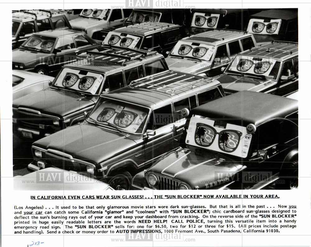 1987 Press Photo Cars wearing sunshades - Historic Images