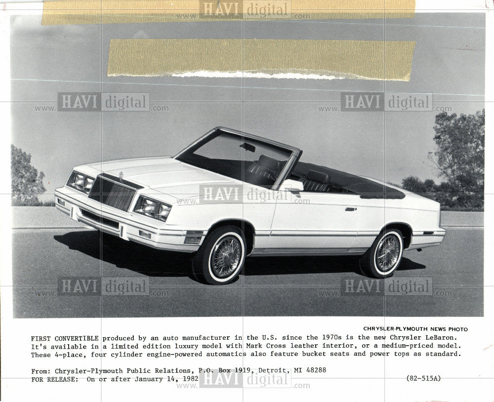 1982 Press Photo Chrysler Automobil Convertible LeBaron - Historic Images