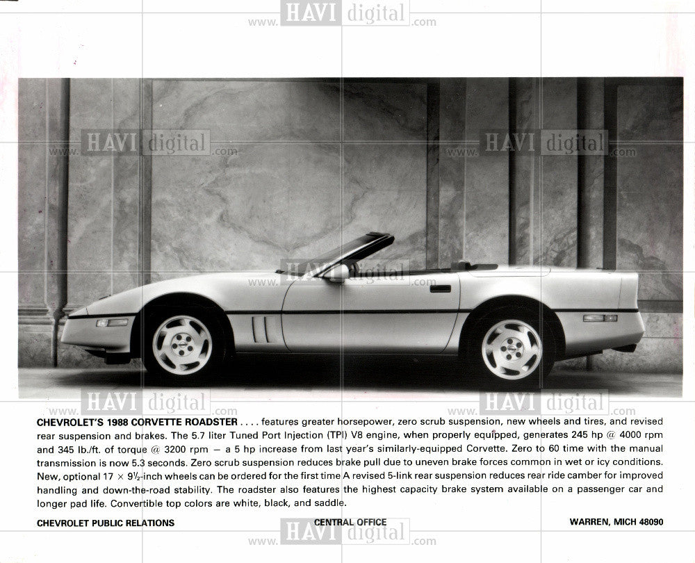 1988 Press Photo Chevrolet Corvette Roadster - Historic Images