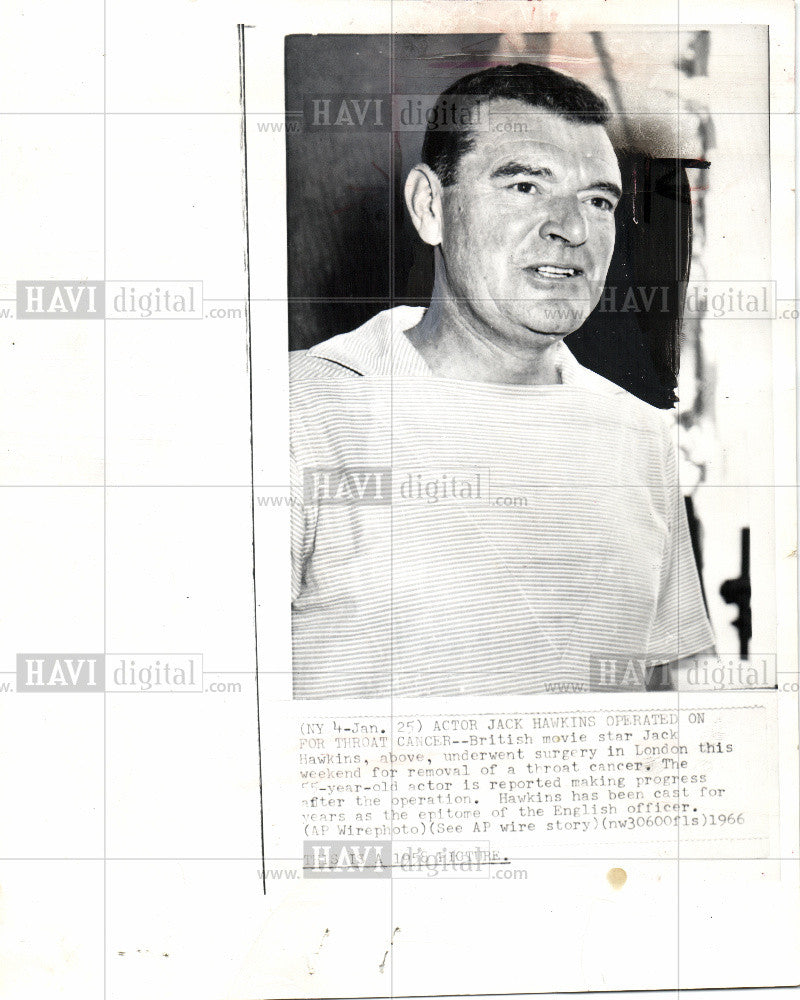 1966 Press Photo Jack Hawkins sugery for throat cancer - Historic Images