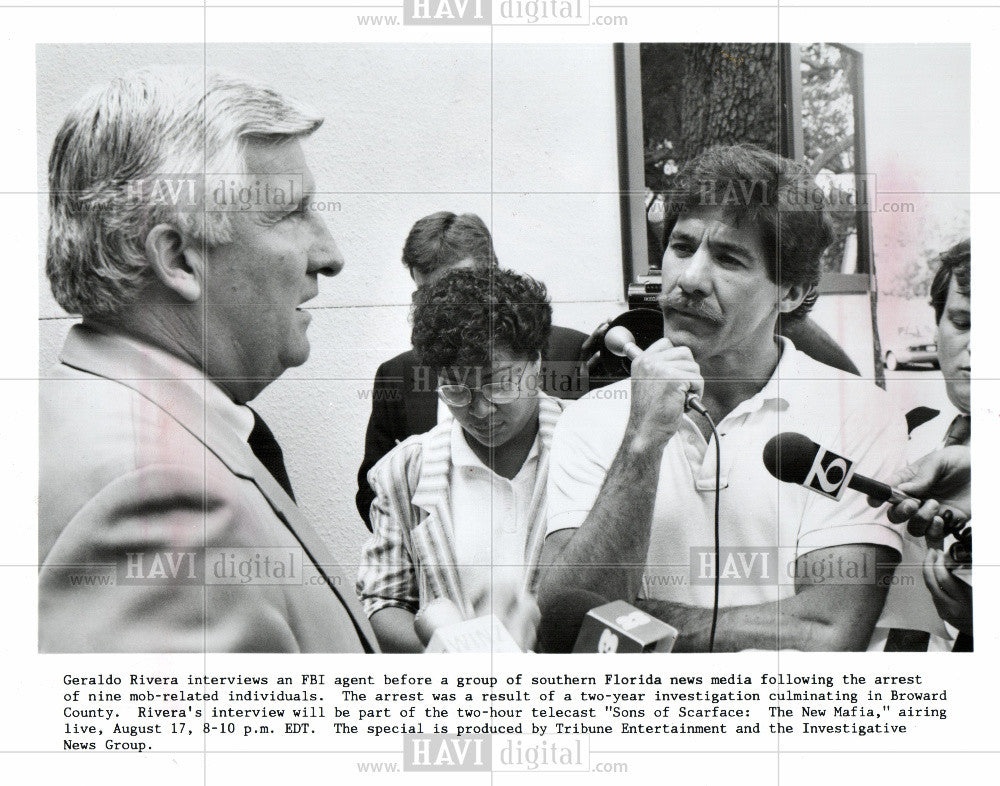 1987 Press Photo Geraldo Rivera mafia journalist tv - Historic Images