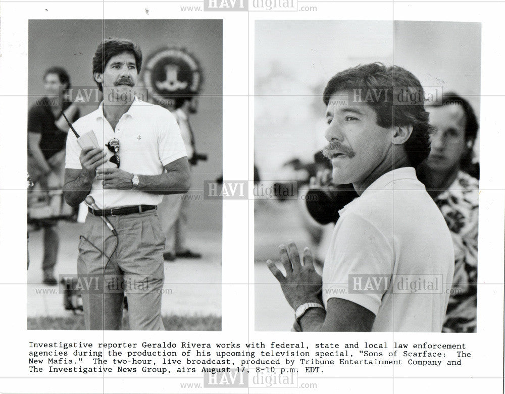 1987 Press Photo Geraldo Rivera Scarface Mafia TV - Historic Images