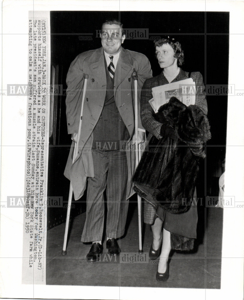 1950 Press Photo Franklin Roosevelt Jr crutches suzanne - Historic Images