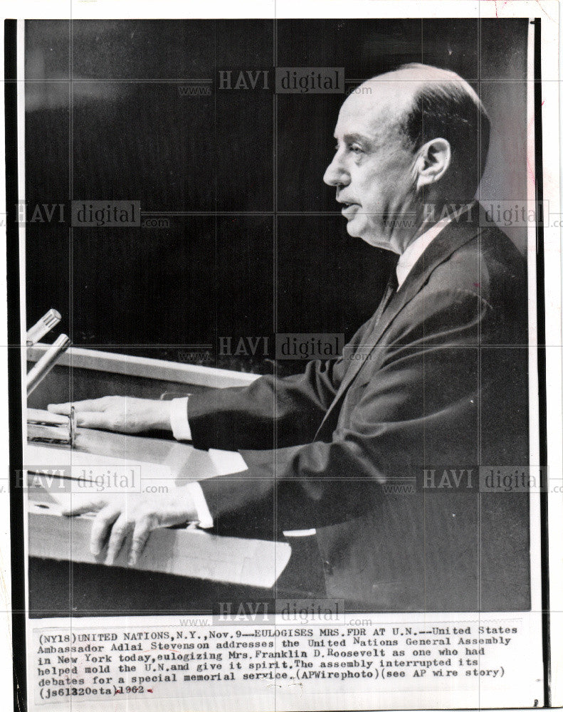 1962 Press Photo Eulogy Mrs. FDR Adlai Stevenson U.N. - Historic Images