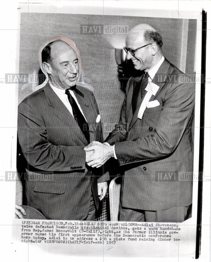 1957 Press Photo Adlai Stevenson James Roosevelt - Historic Images