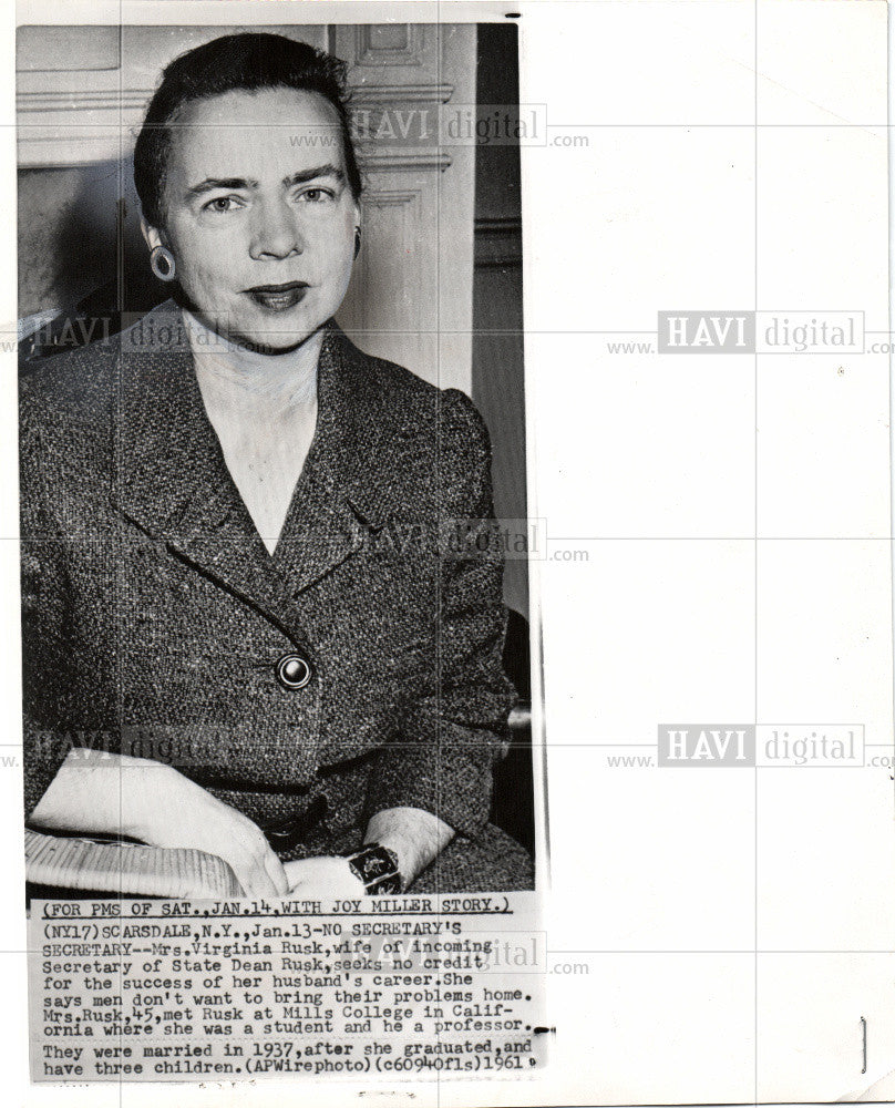 1961 Press Photo Mrs. Virginia Rusk, wife incoming Sec. - Historic Images