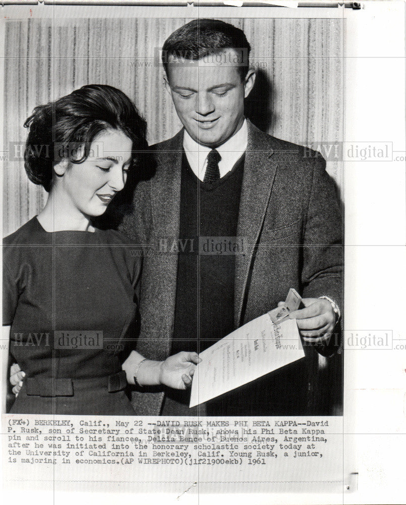 1961 Press Photo David Rusk son Dean Rusk PHI Kappa - Historic Images