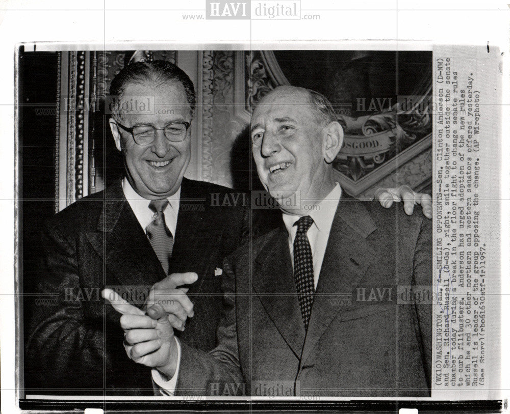 1957 Press Photo Sens. Clinton Anderson Richard Russell - Historic Images