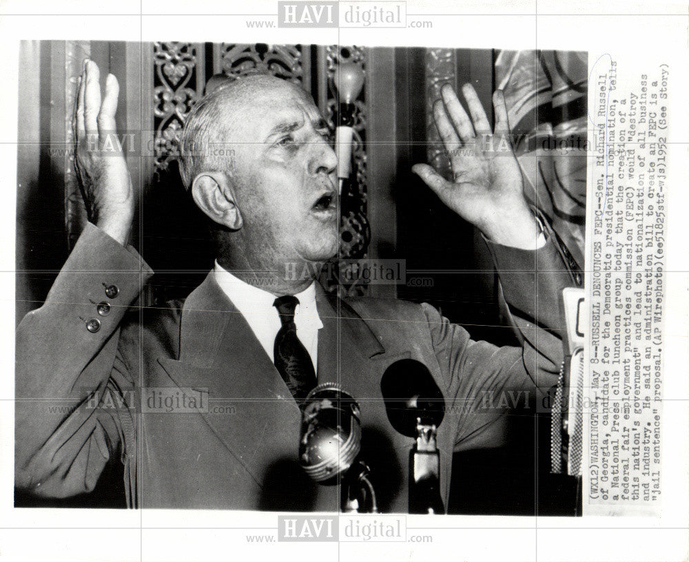 1952 Press Photo Richard Russell senator FEPC democrat - Historic Images