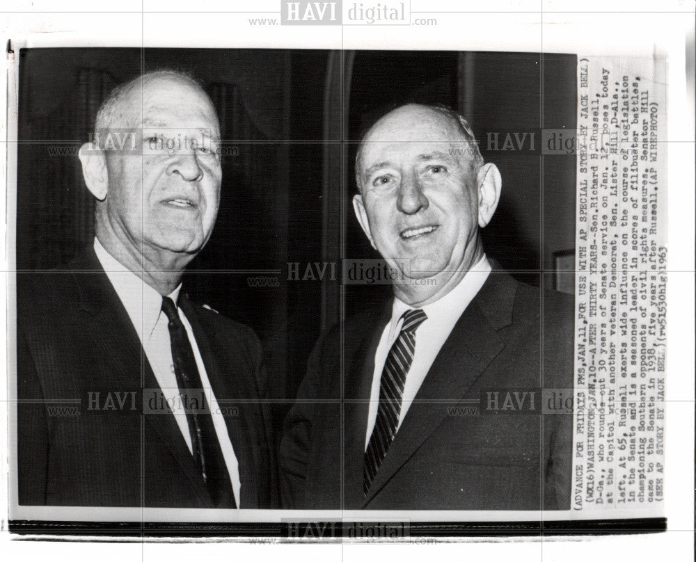 1963 Press Photo Sen Richard B Russell, Sen Lester Hill - Historic Images