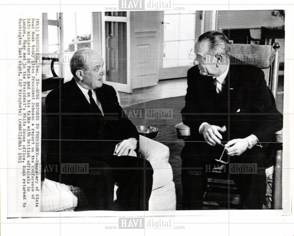 1963 Press Photo Dean Rusk Lyndon Johnson White House - Historic Images