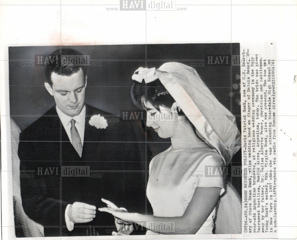 1961 Press Photo David Patrick Rusk Delcia Bence weddin - Historic Images