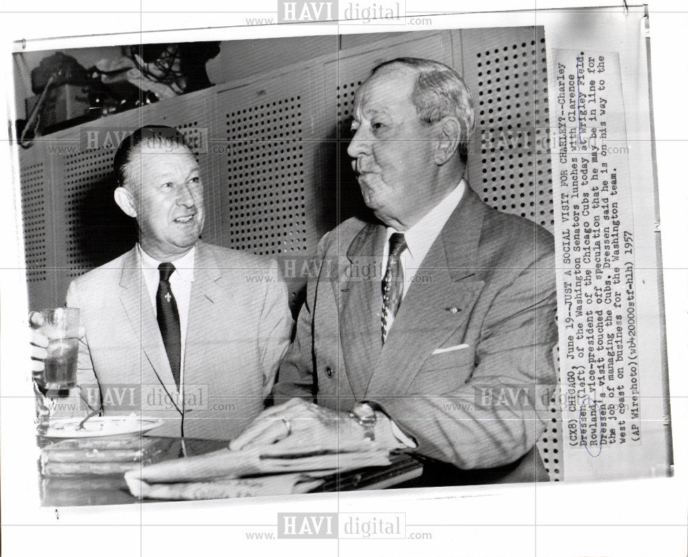 1957 Press Photo Charley Dressen Clarence Rowland - Historic Images