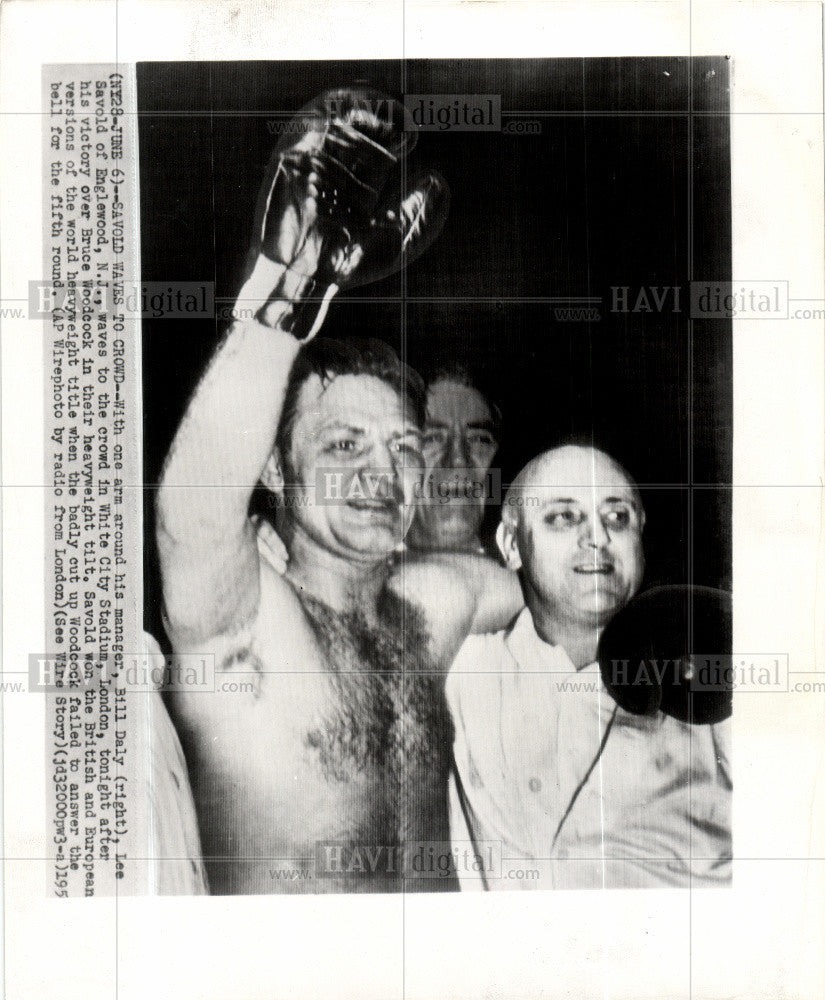 1950 Press Photo Lee Savold Bruce Woodcock Boxing - Historic Images