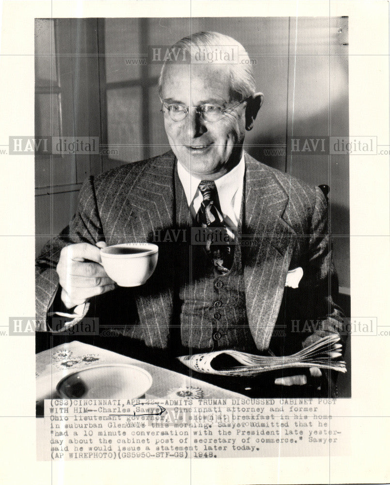 1948 Press Photo Charles Sawyer Ohio politician lawyer - Historic Images