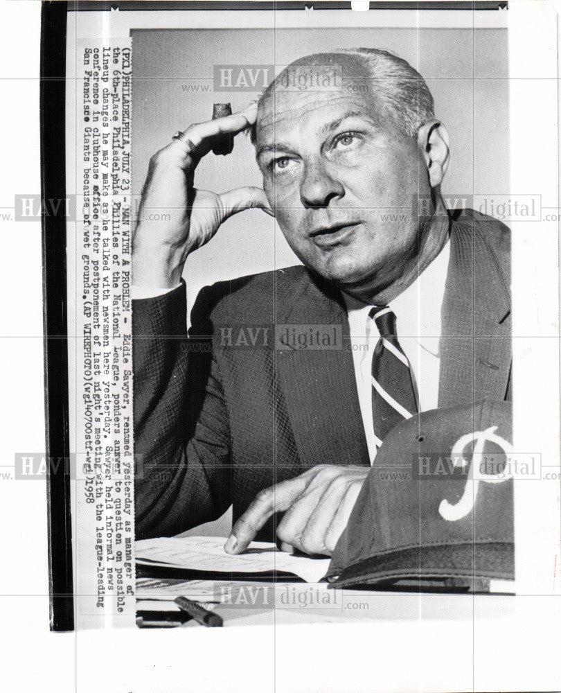 1958 Press Photo Eddie Sawyer Phillies Philadelphia - Historic Images