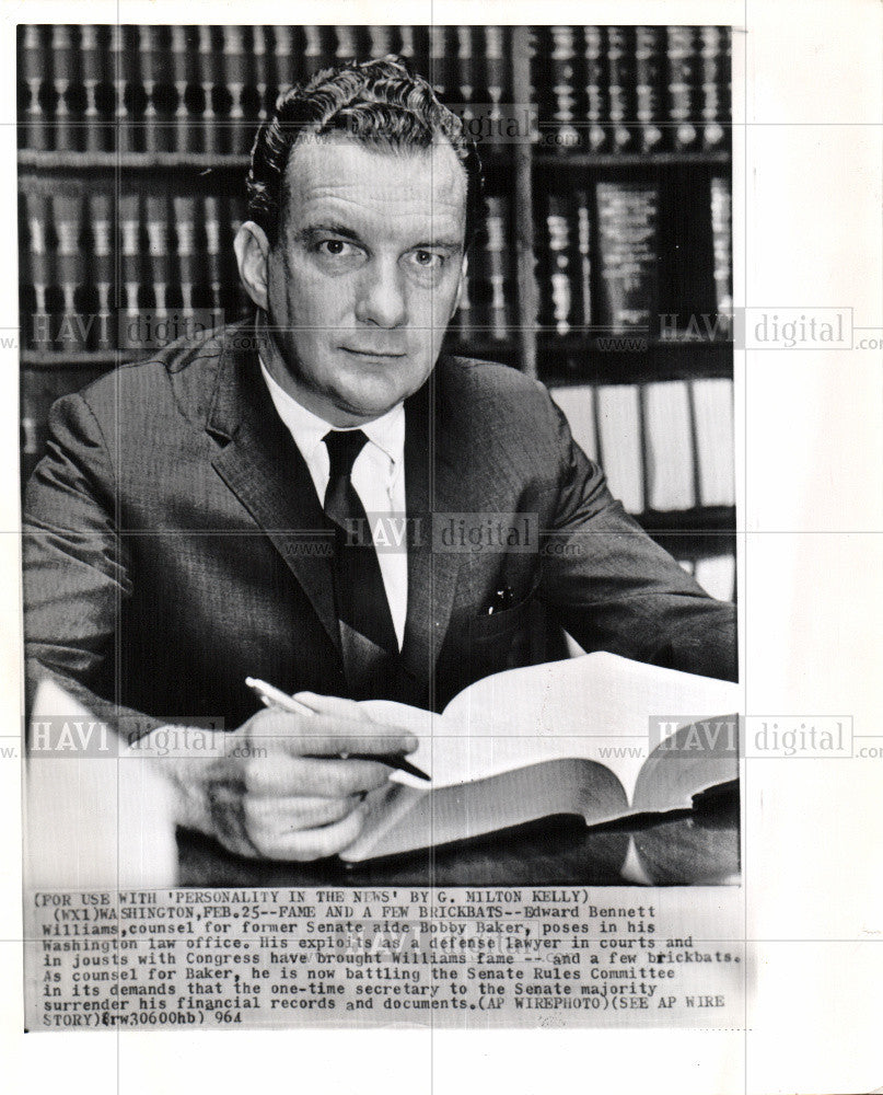 1964 Press Photo Edward Williams lawyer Bobby Baker - Historic Images