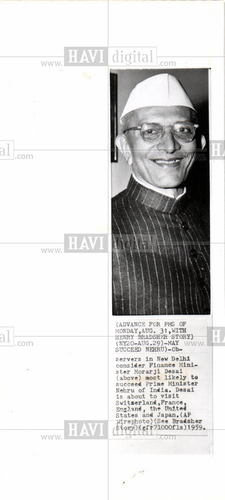 1959 Press Photo Morarji Desai 4th Prime Minister India - Historic Images