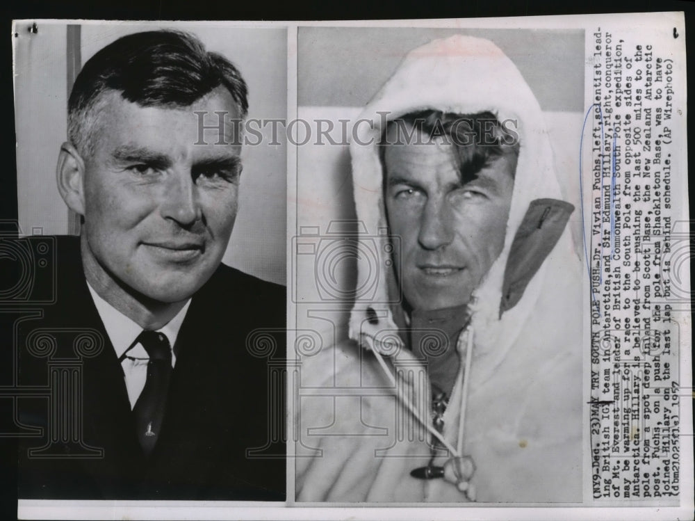 1957 Press Photo explorers Dr. Vivian Fuchs & Sir Edmund Hillary - Historic Images