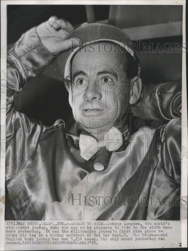 1958 Press Photo Jockey Johnny Longden to Ride in San Bruno, California Race- Historic Images