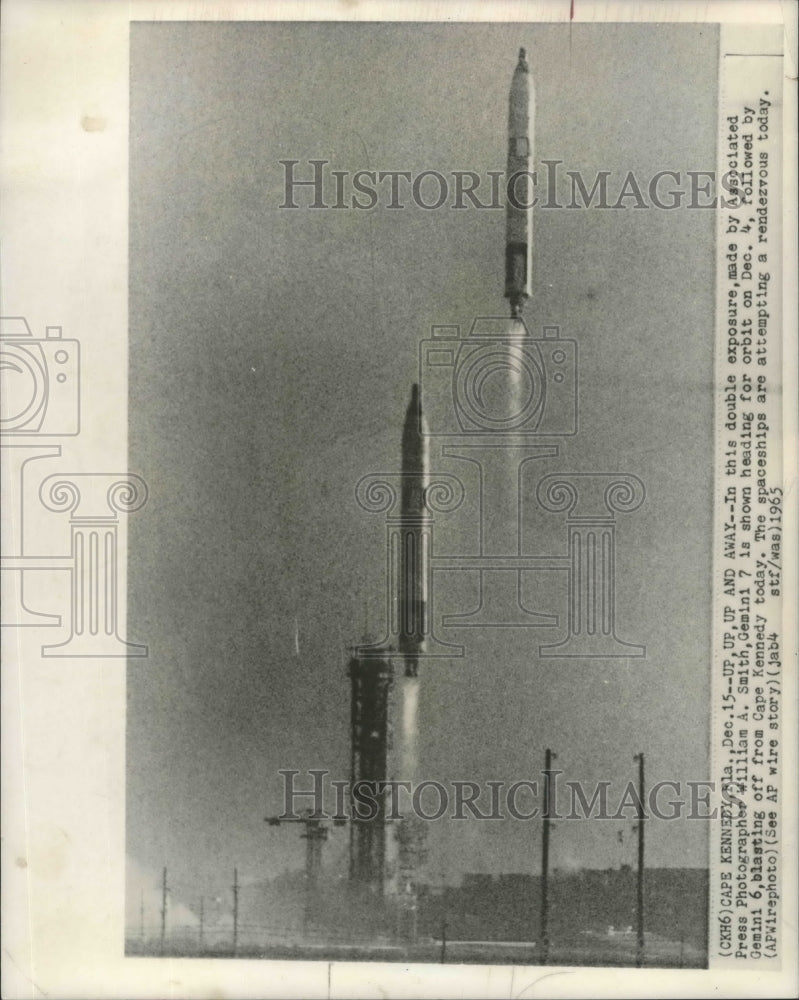 1965 Press Photo Gemini 7 NASA Blast-Off Double Exposure, Cape Kennedy, Florida - Historic Images