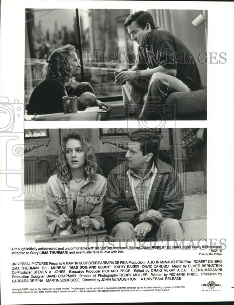 1993 Press Photo Uma Thurman and Robert De Niro in the movie &quot;Mad Dog and Glory&quot; - Historic Images