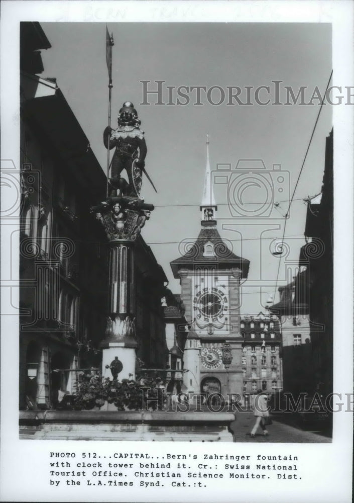 1986 Press Photo Bern&#39;s Zahringer Fountain with Clock Tower Behind It-Historic Images