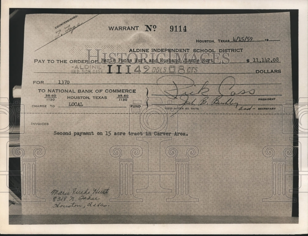 1959 Press Photo Check written by Aldine Texas School District for land payment-Historic Images