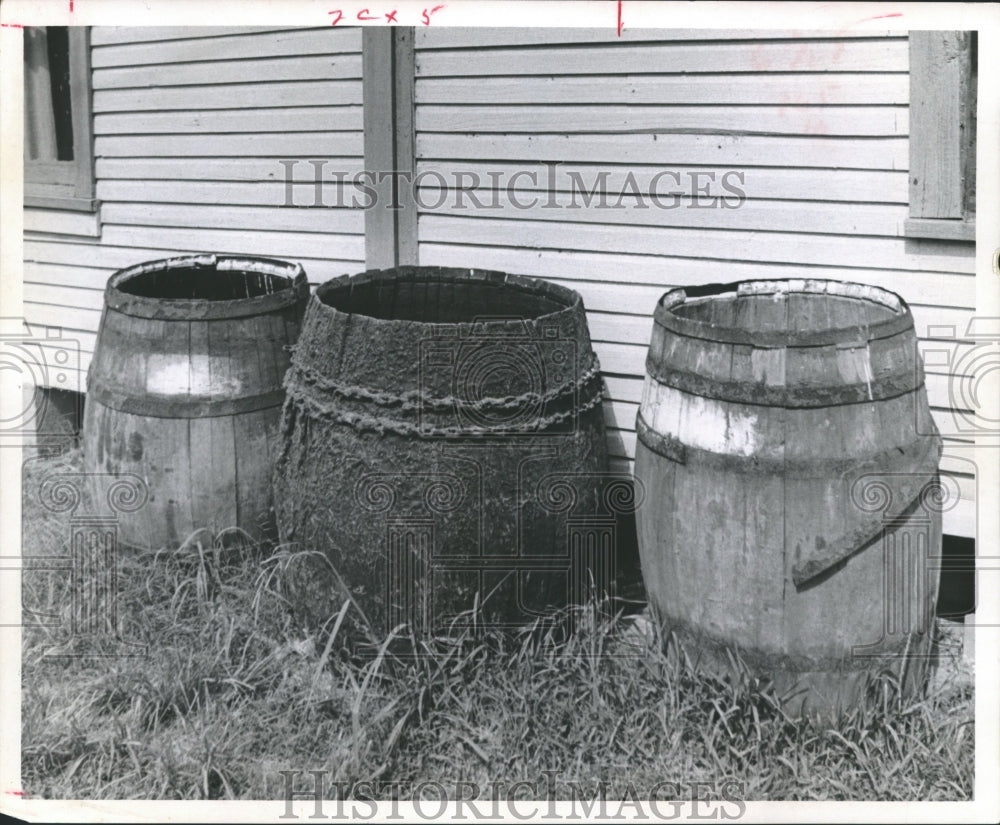 1969 Water Barrels catch rain, Bordersville, Texas-Historic Images