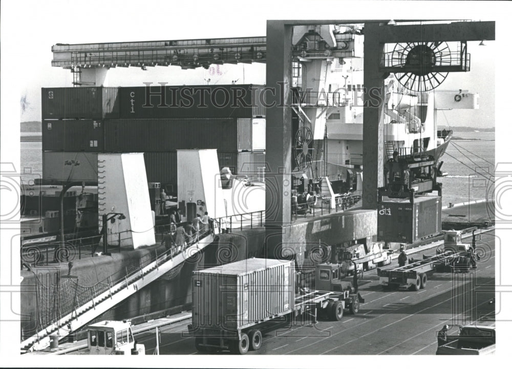 1991 Press Photo Container cranes unloads ship at Barbours Cut, Texas - Historic Images