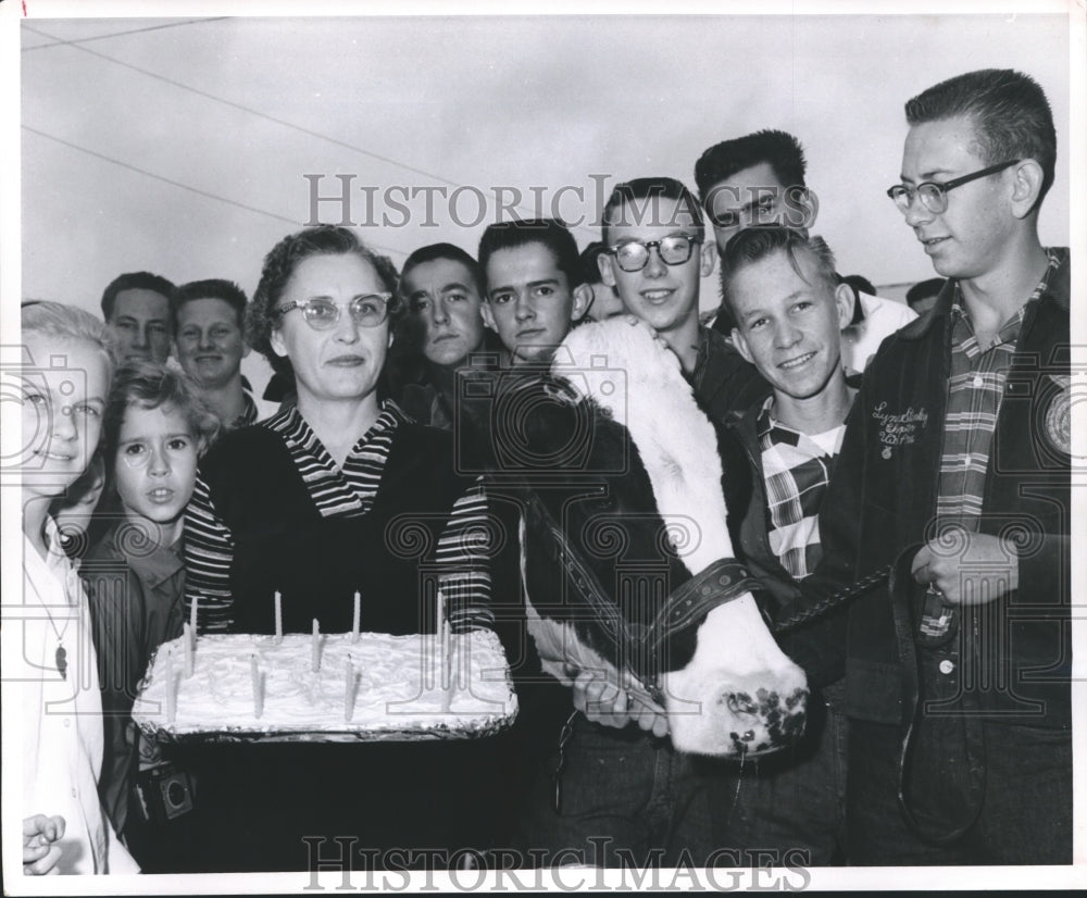 1961 Youths celebrate with cake at Camp Tyler - Historic Images