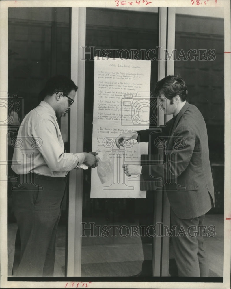 1969 Press Photo James Denatto &amp; Eugene Harrington Catholic Committee &amp; Poster.- Historic Images