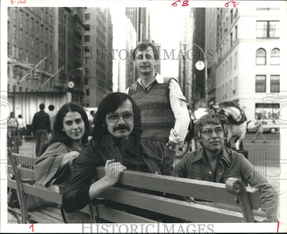 1977 Press Photo Composers &amp; Performers Group Together on Bench. - hca15344 - Historic Images